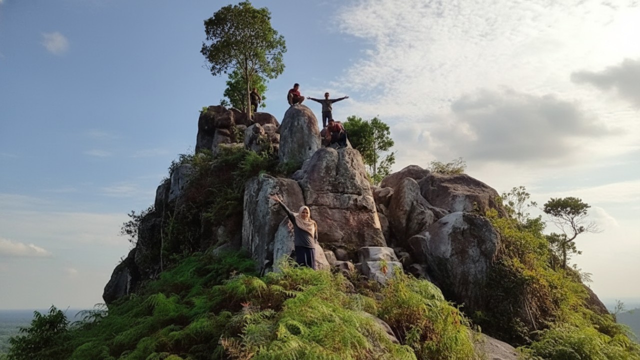Formasi batu karst Bukit Batu Dinding dengan latar hutan tropis Samboja yang menghadirkan panorama alami memikat.