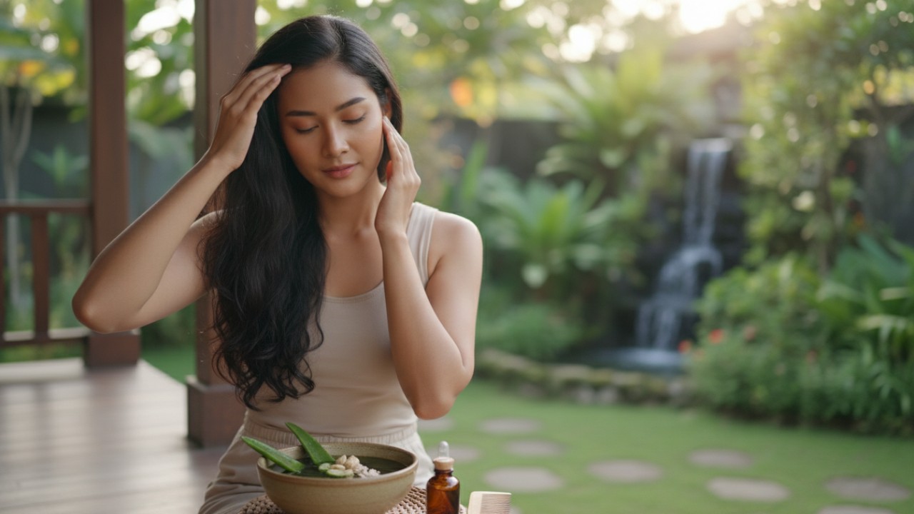 Ilustrasi perawatan rambut alami dengan pijat kulit kepala dan nutrisi seimbang untuk rambut sehat dan cepat panjang.