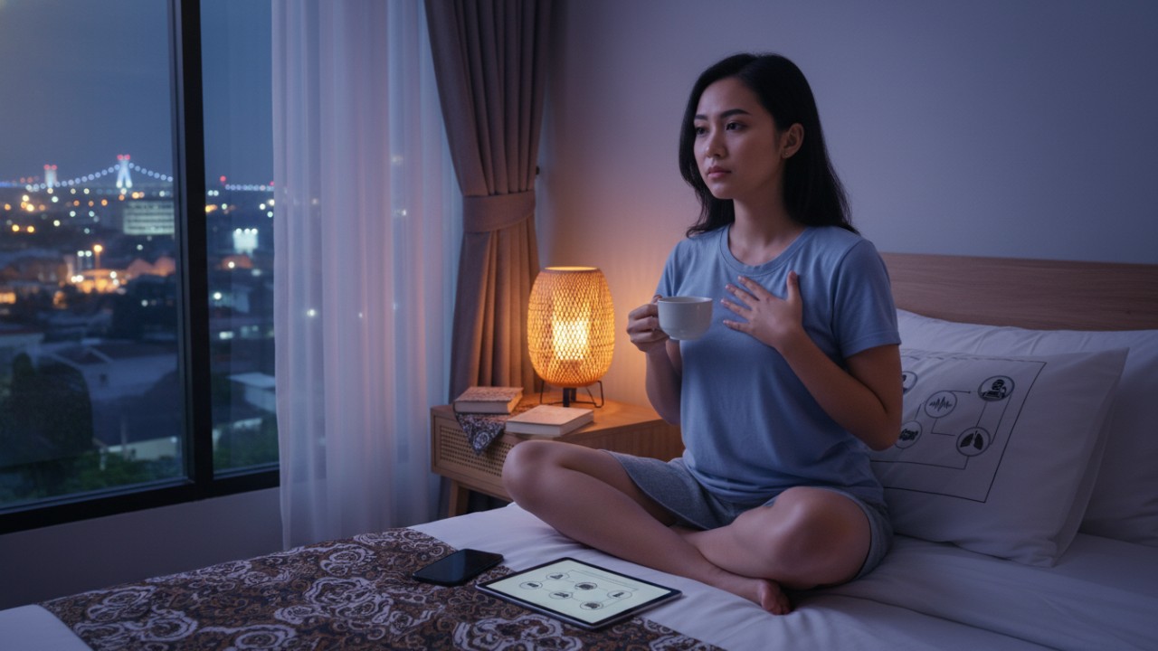 Ilustrasi orang berbaring rileks menerapkan teknik pernapasan dan visualisasi untuk tidur cepat dan tenang.