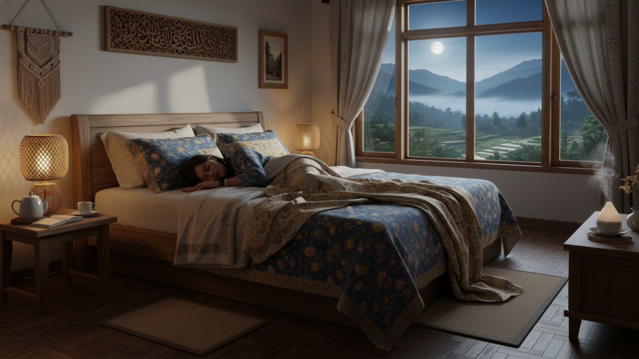 Ilustrasi suasana kamar tidur nyaman dengan pencahayaan redup yang mendukung kualitas tidur malam.