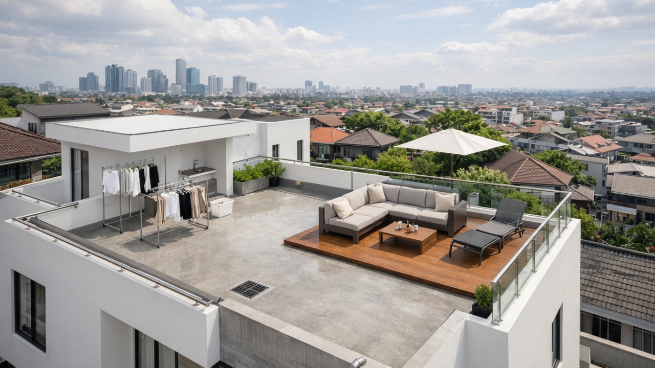 Rooftop rumah minimalis modern dengan atap datar yang dimanfaatkan sebagai area santai dan jemur. Desain bersih dan fungsional ini memaksimalkan ruang vertikal, cocok untuk hunian di kawasan perkotaan