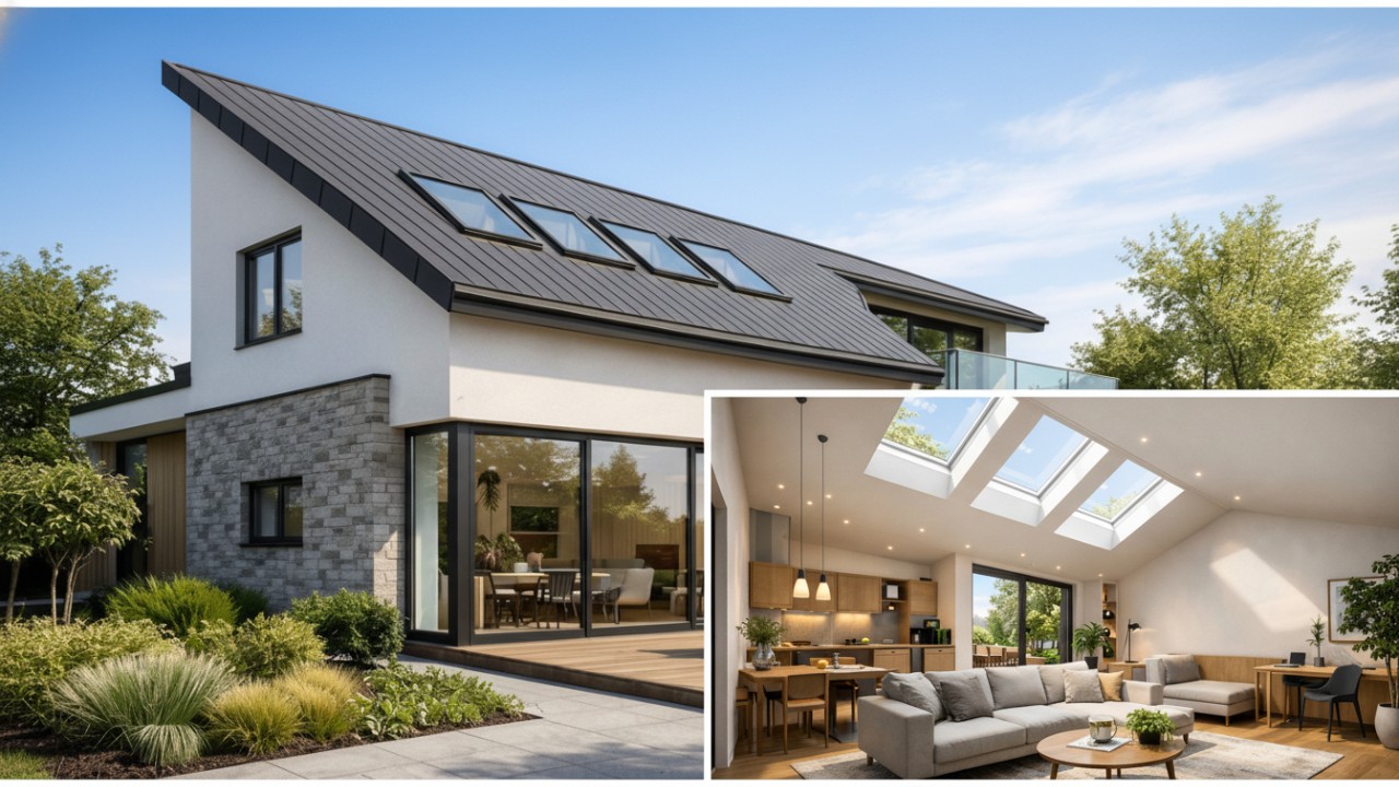 Atap sandar dengan kemiringan tidak seimbang menyajikan tampilan modern dan unik. Dilengkapi skylight, desain ini memaksimalkan cahaya alami sehingga interior terasa terang, lapang, dan hemat energi.