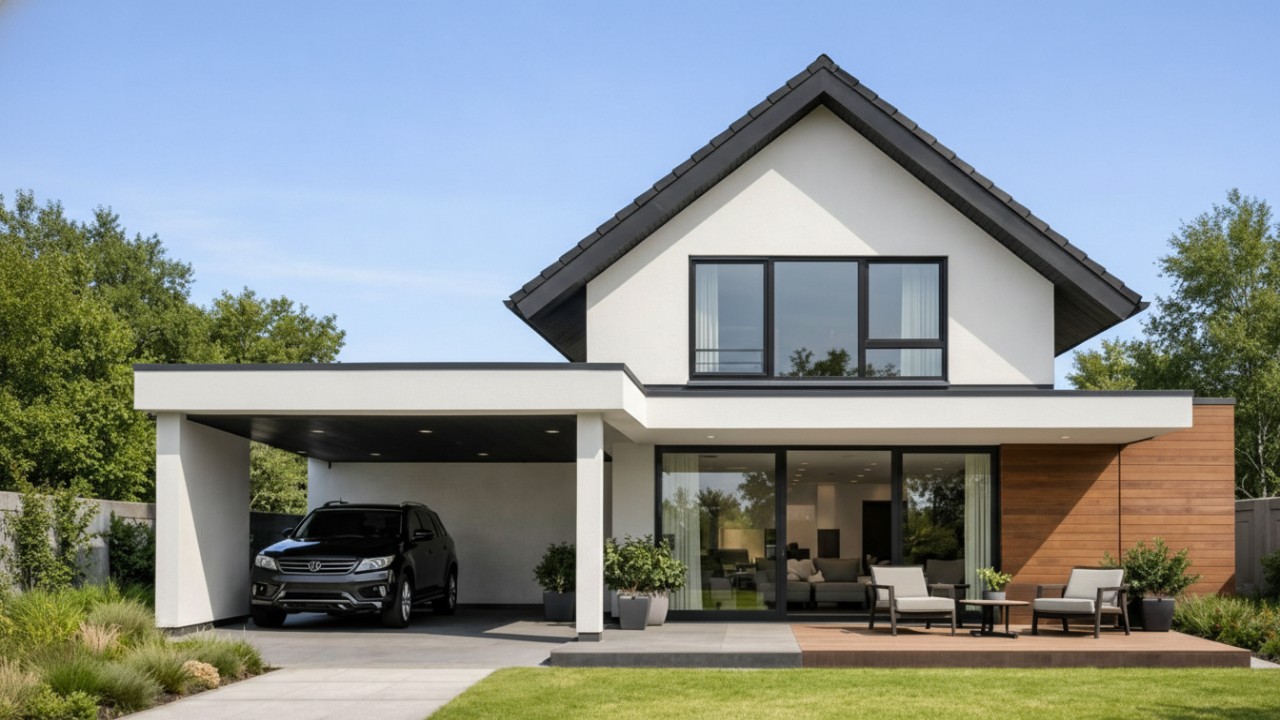Rumah minimalis modern dengan atap kombinasi, memadukan atap pelana pada bangunan utama dan atap datar di area carport serta teras.