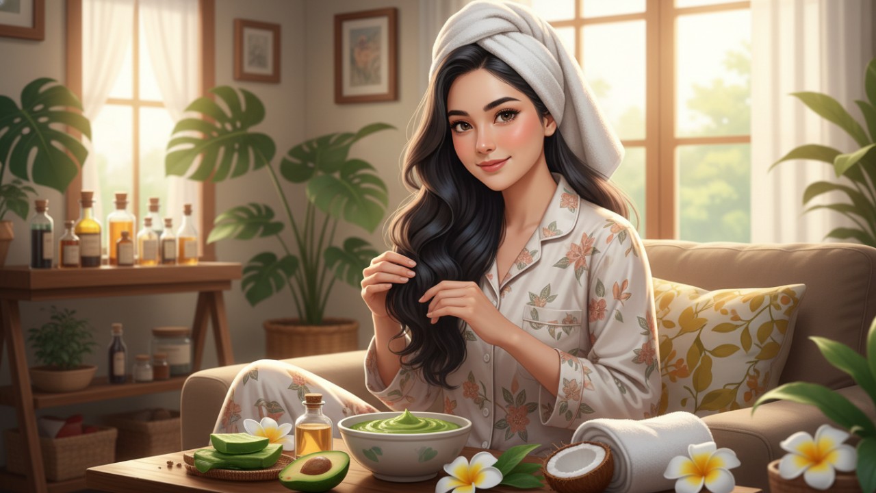 Ilustrasi perawatan rambut di rumah untuk menjaga rambut tetap lembut dan sehat.