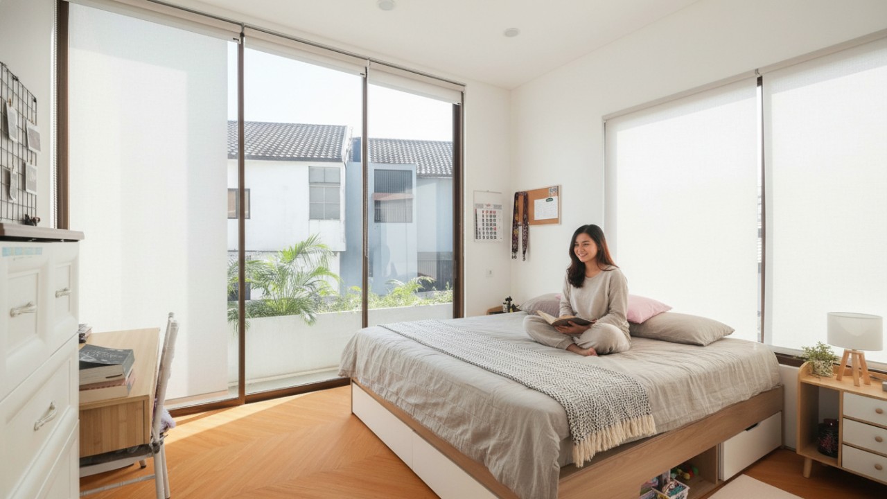 Kamar tidur minimalis bernuansa kayu dan warna netral dengan pencahayaan alami yang memberi kesan hangat dan lapang.