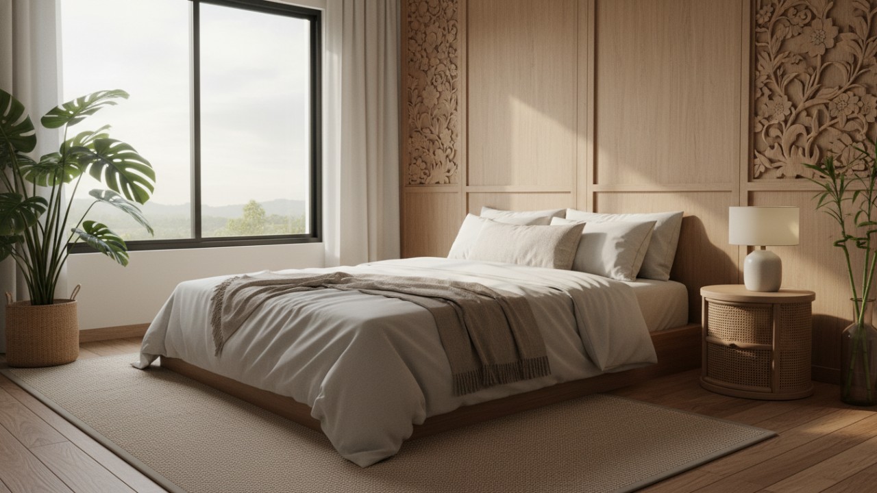 Kamar tidur minimalis bernuansa kayu dan warna netral dengan pencahayaan alami yang memberi kesan hangat dan lapang.
