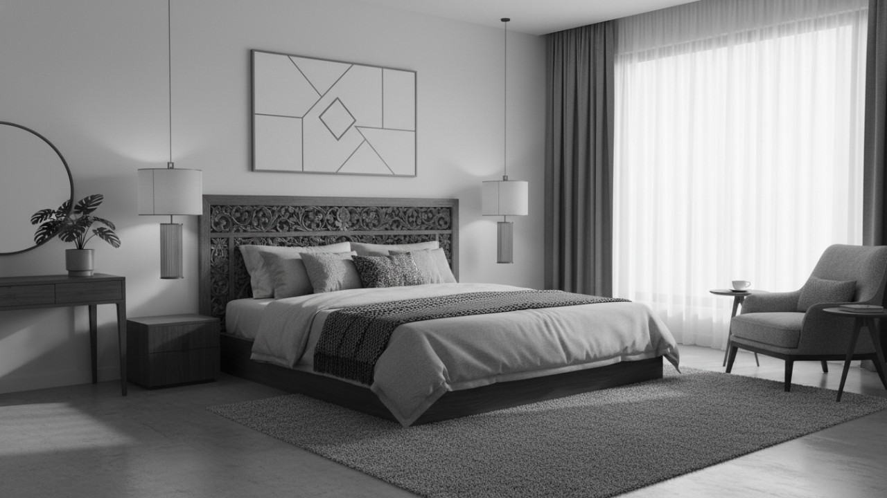 Kamar tidur minimalis bernuansa kayu dan warna netral dengan pencahayaan alami yang memberi kesan hangat dan lapang.