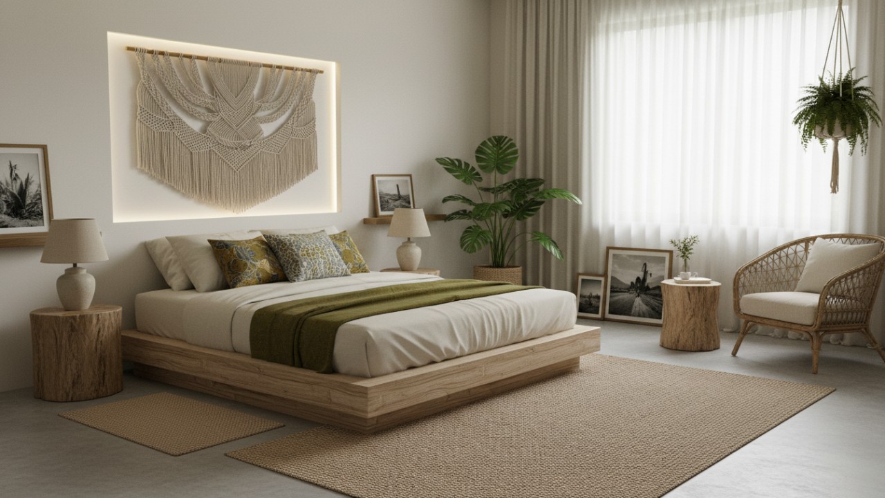 Kamar tidur minimalis bernuansa kayu dan warna netral dengan pencahayaan alami yang memberi kesan hangat dan lapang.