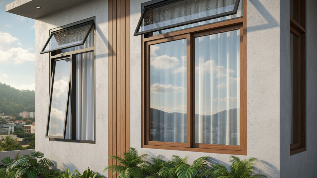 Ilustrasi jendela minimalis geser, casement, dan awning yang mendukung sirkulasi udara rumah modern.