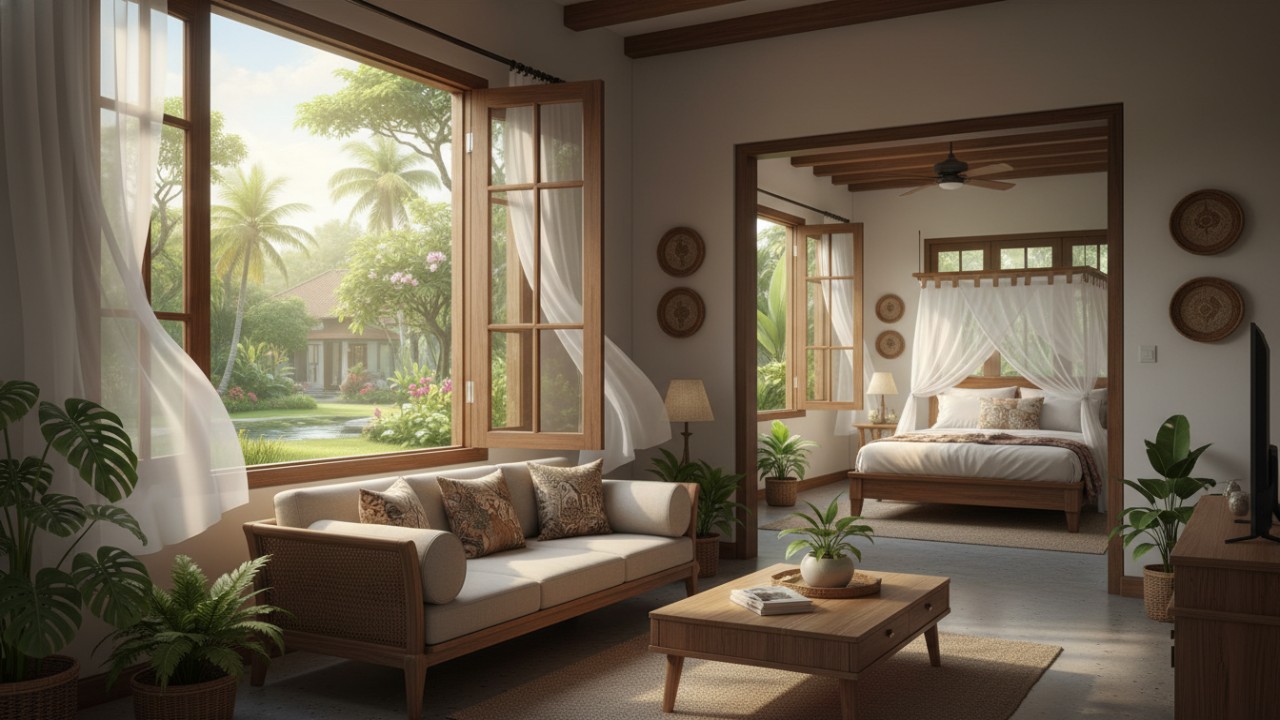 Ilustrasi jendela minimalis geser, casement, dan awning yang mendukung sirkulasi udara rumah modern.