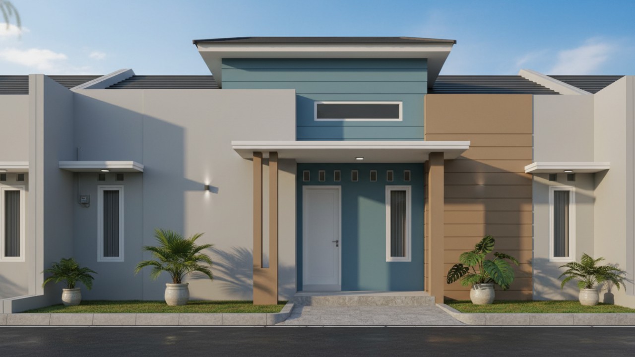 Ilustrasi rumah minimalis dengan perpaduan warna abu-abu, biru, dan coklat yang terlihat seimbang dan nyaman.