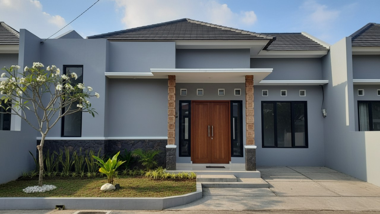 Ilustrasi rumah minimalis dengan perpaduan warna abu-abu, biru, dan coklat yang terlihat seimbang dan nyaman.