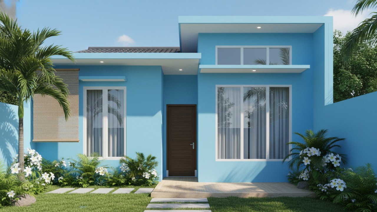 Ilustrasi rumah minimalis dengan perpaduan warna abu-abu, biru, dan coklat yang terlihat seimbang dan nyaman.