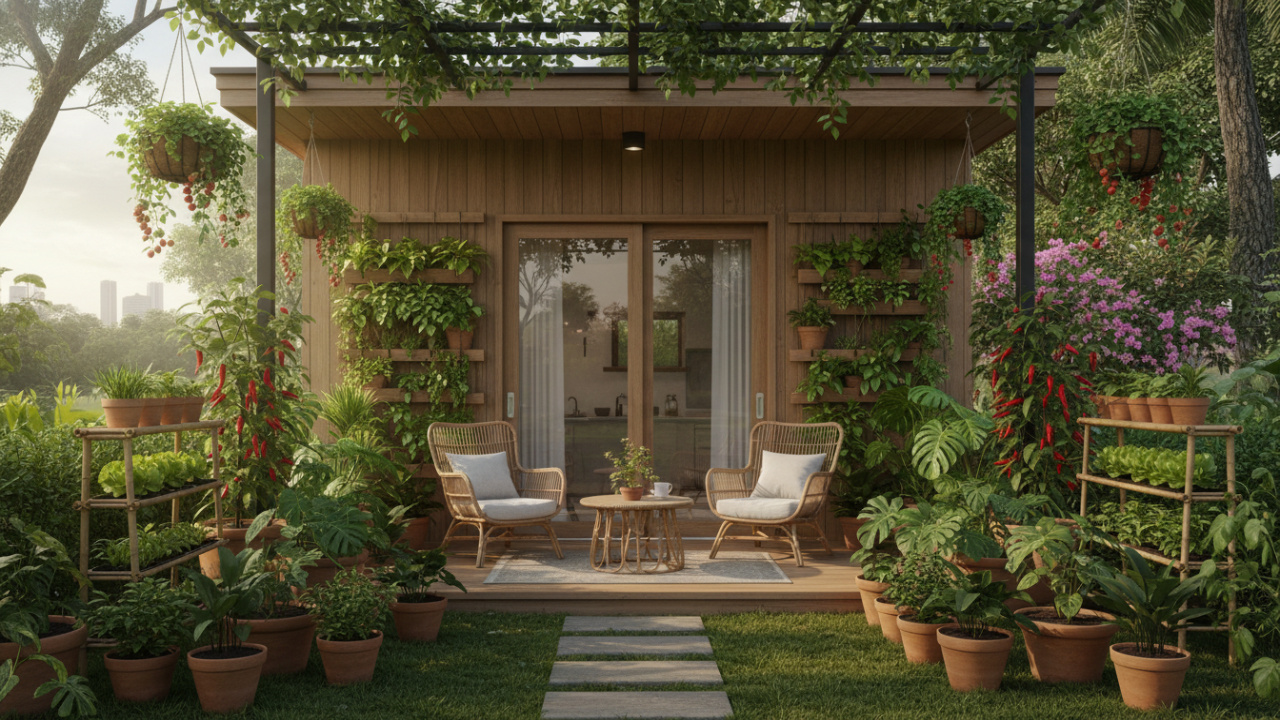 Halaman depan rumah minimalis dengan vertical garden dan stone garden yang tertata rapi dan estetik.
