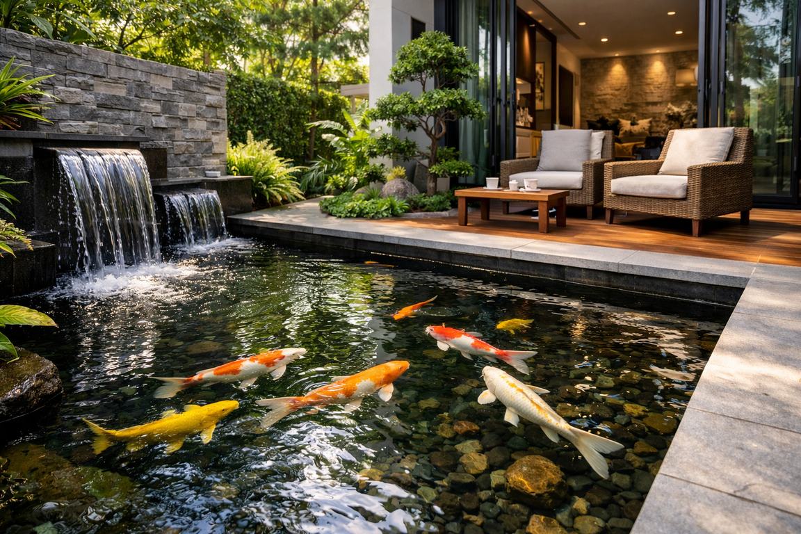 Kolam ikan minimalis feng shui memberi kesan tenang dan eksklusif, membuat rumah terasa lebih bernilai sejak pandangan pertama.