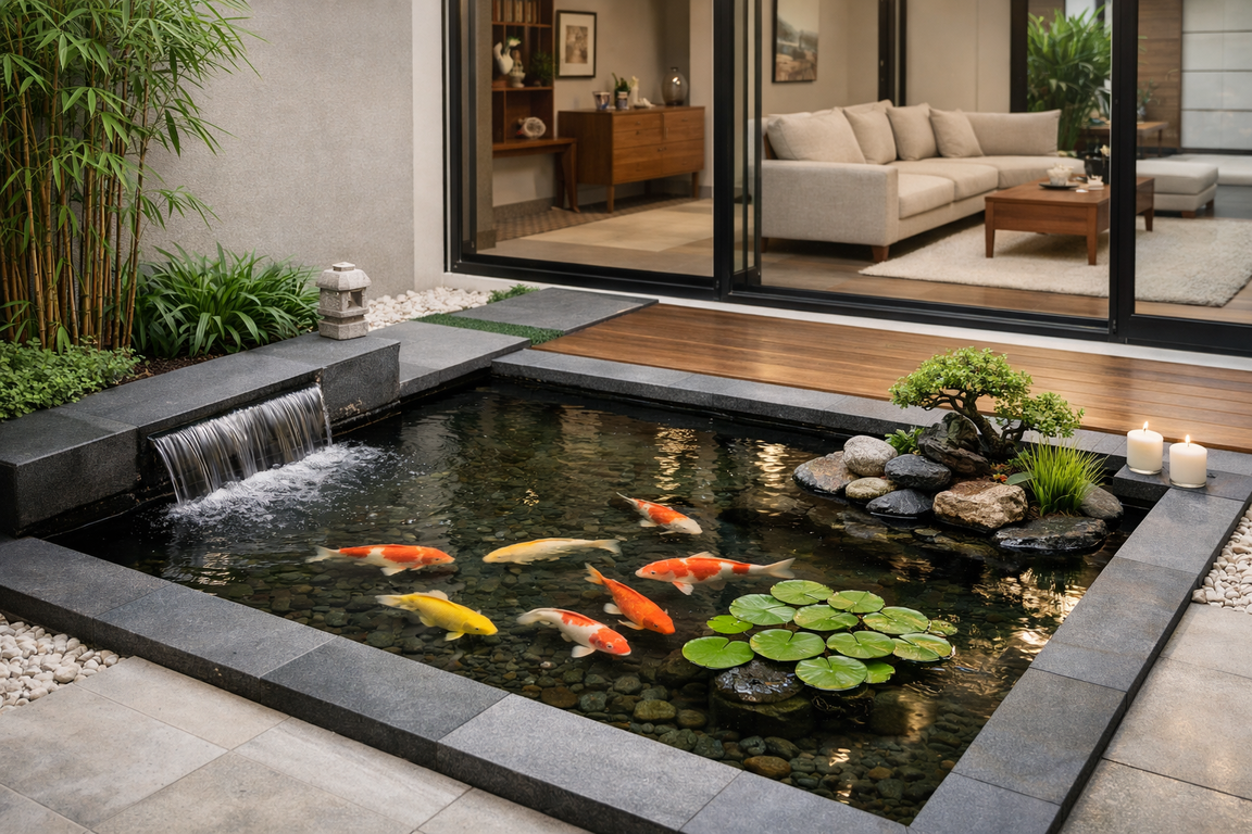 Kolam ikan minimalis bergaya feng shui dengan air jernih, aliran lembut, dan ikan koi menghadirkan suasana tenang, seimbang, serta menyatu indah dengan hunian.