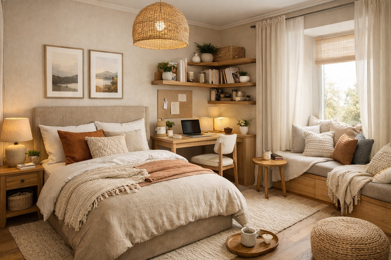 Kamar tidur 3&times;4 bergaya contemporary warm dan Scandinavian cozy dengan warna netral, tekstur kain lembut, dan elemen kayu, tertata rapi serta terasa hangat tanpa kesan penuh.