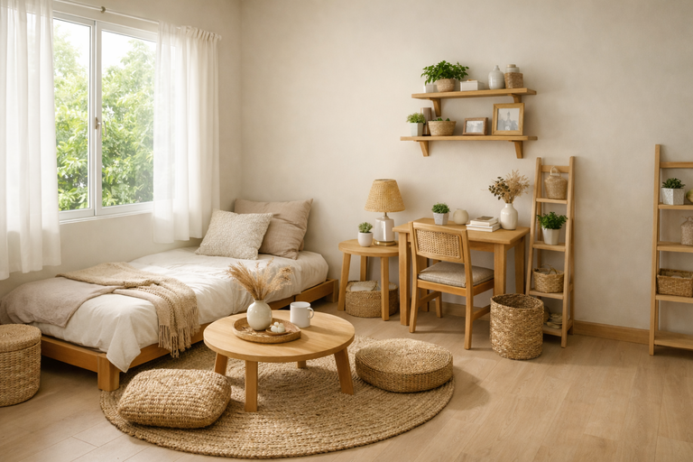 Kamar 3&times;3 bernuansa krem dengan furnitur kayu ringan, dekorasi natural, dan tanaman kecil. Cahaya alami dari jendela besar membuat ruang terasa hangat dan nyaman.