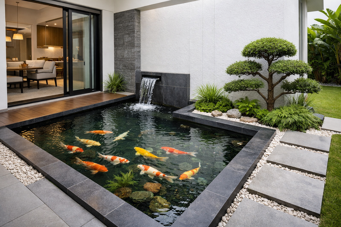 Kolam ikan minimalis bergaya feng shui ini menyatu dengan rumah modern. Desain simpel dengan air terjun kecil dan taman rapi memberi kesan elegan sekaligus menambah suasana tenang.