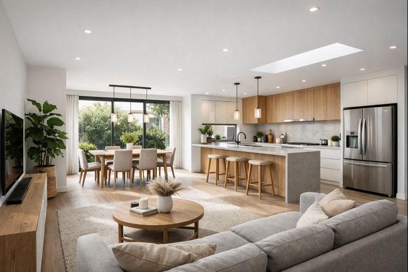 Ruang tanpa sekat permanen menyatukan area tamu, makan, dan dapur. Desain terbuka ini membuat cahaya alami dan sirkulasi udara lebih optimal, sekaligus lebih hemat energi dan fungsional.