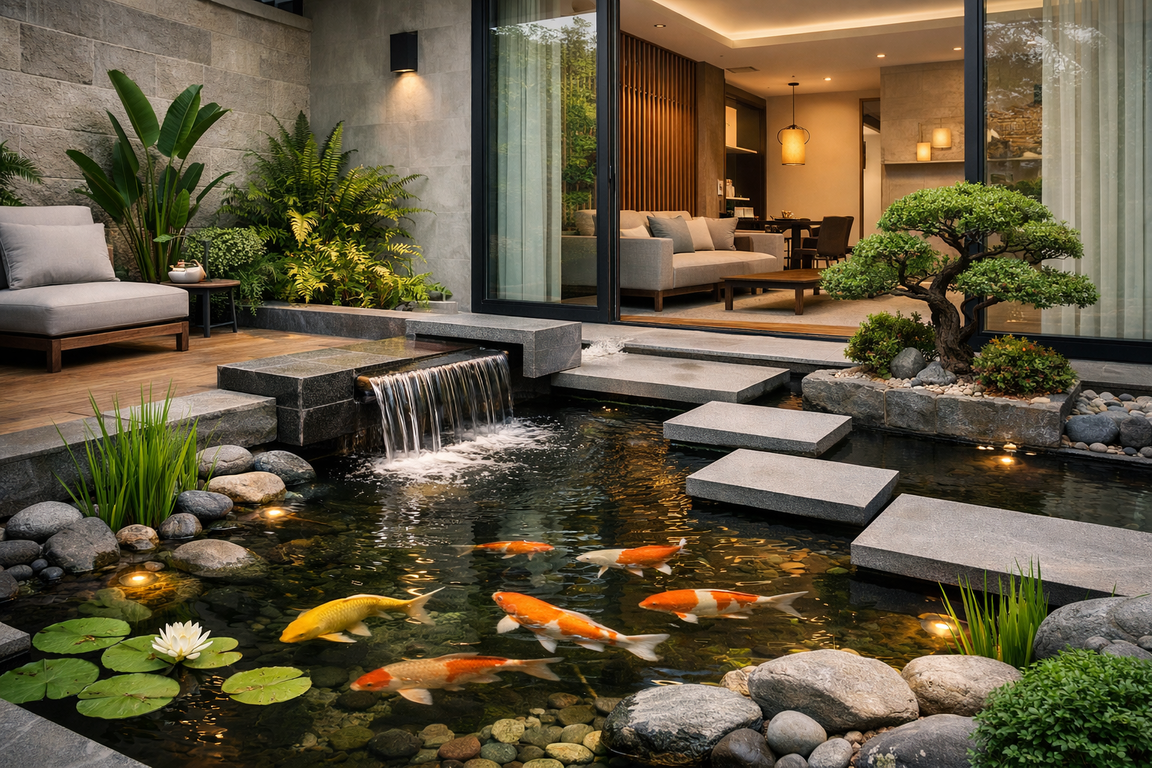 Kolam ikan minimalis feng shui modern dengan aliran air tenang yang menyatu dengan batu alam dan tanaman hijau. Desainnya mengutamakan kenyamanan, harmoni visual, dan suasana ruang yang damai.