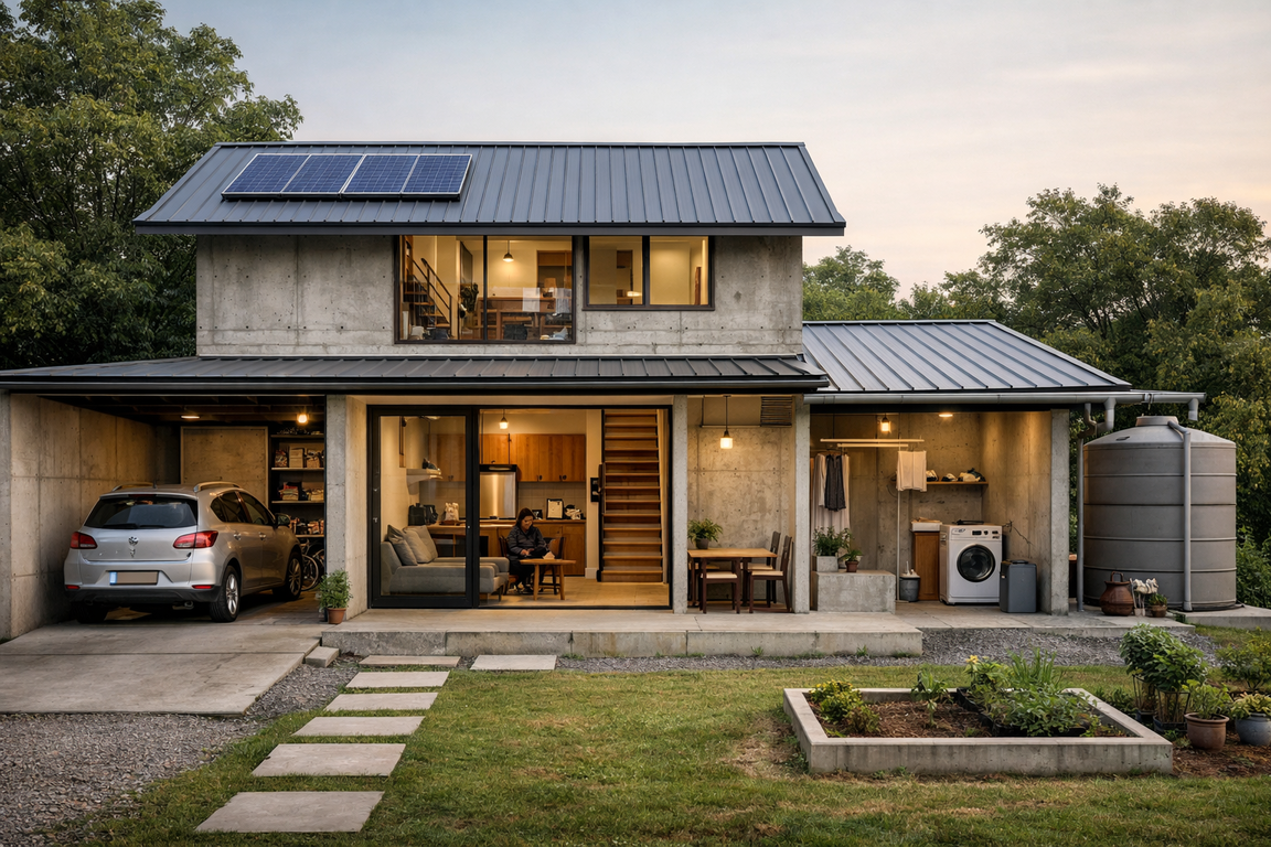 Rumah minimalis modern dengan tata ruang efisien, material tahan lama, dan energi surya untuk efisiensi jangka panjang. Desain fungsional, sederhana, dan tepat guna.