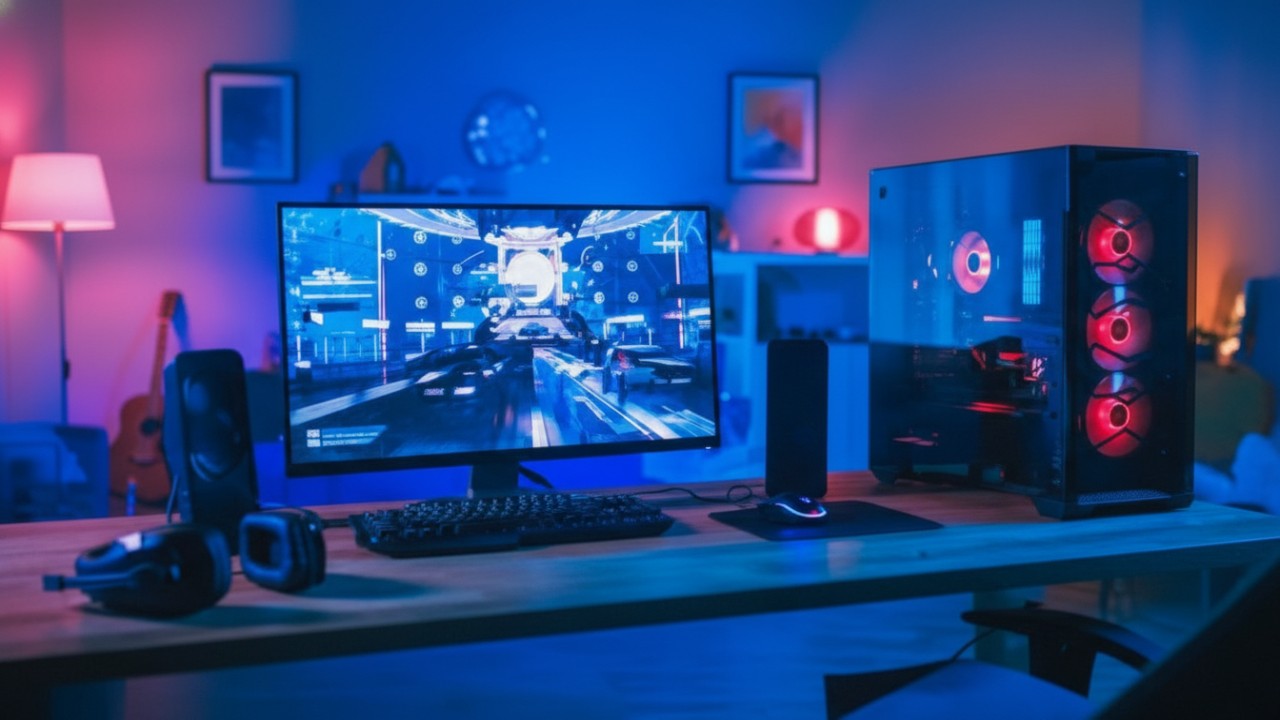 Setup komputer YouTuber dengan PC rakitan dan laptop kreator untuk editing video dan live streaming yang stabil.