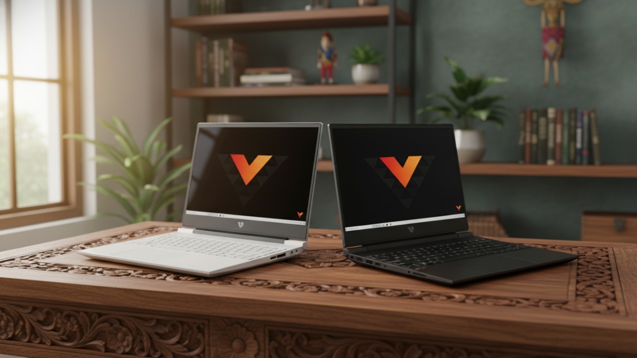 Laptop HP Victus dengan desain simpel dan layar 144Hz, simbol keseimbangan performa gaming dan produktivitas harian.