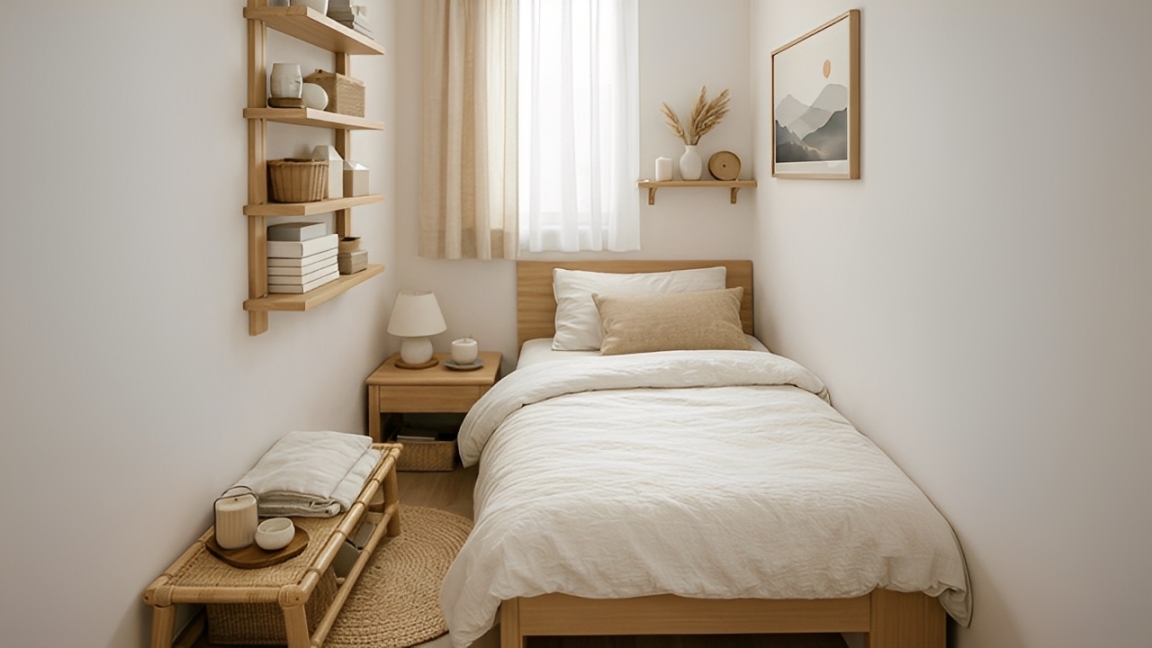 Kamar tidur 2&times;3 bergaya Japandi minimalis dengan furnitur kayu muda dan warna netral, dilengkapi rak dinding agar tetap rapi dan terasa lega.