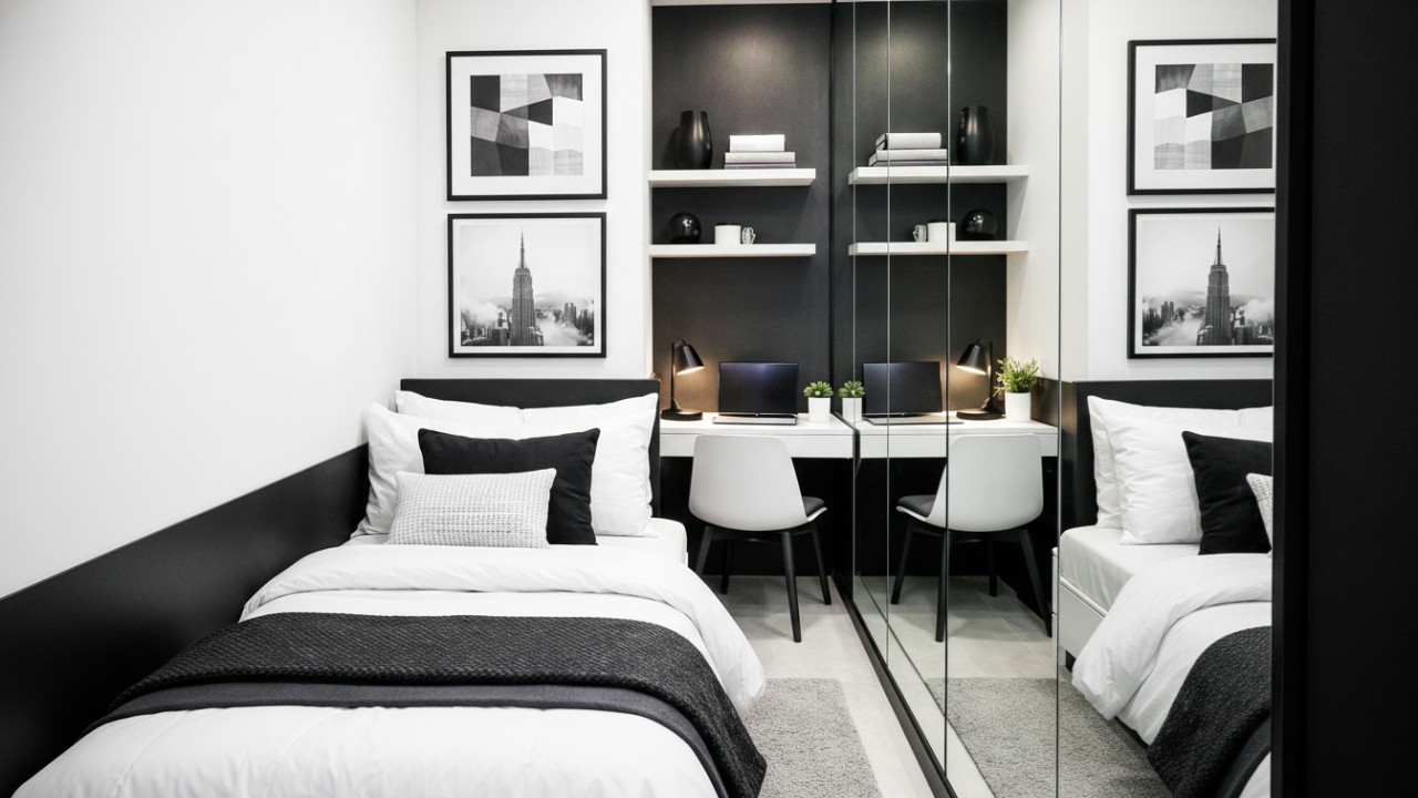 Kamar tidur 2&times;3 bergaya monokrom modern dengan dominasi hitam putih.