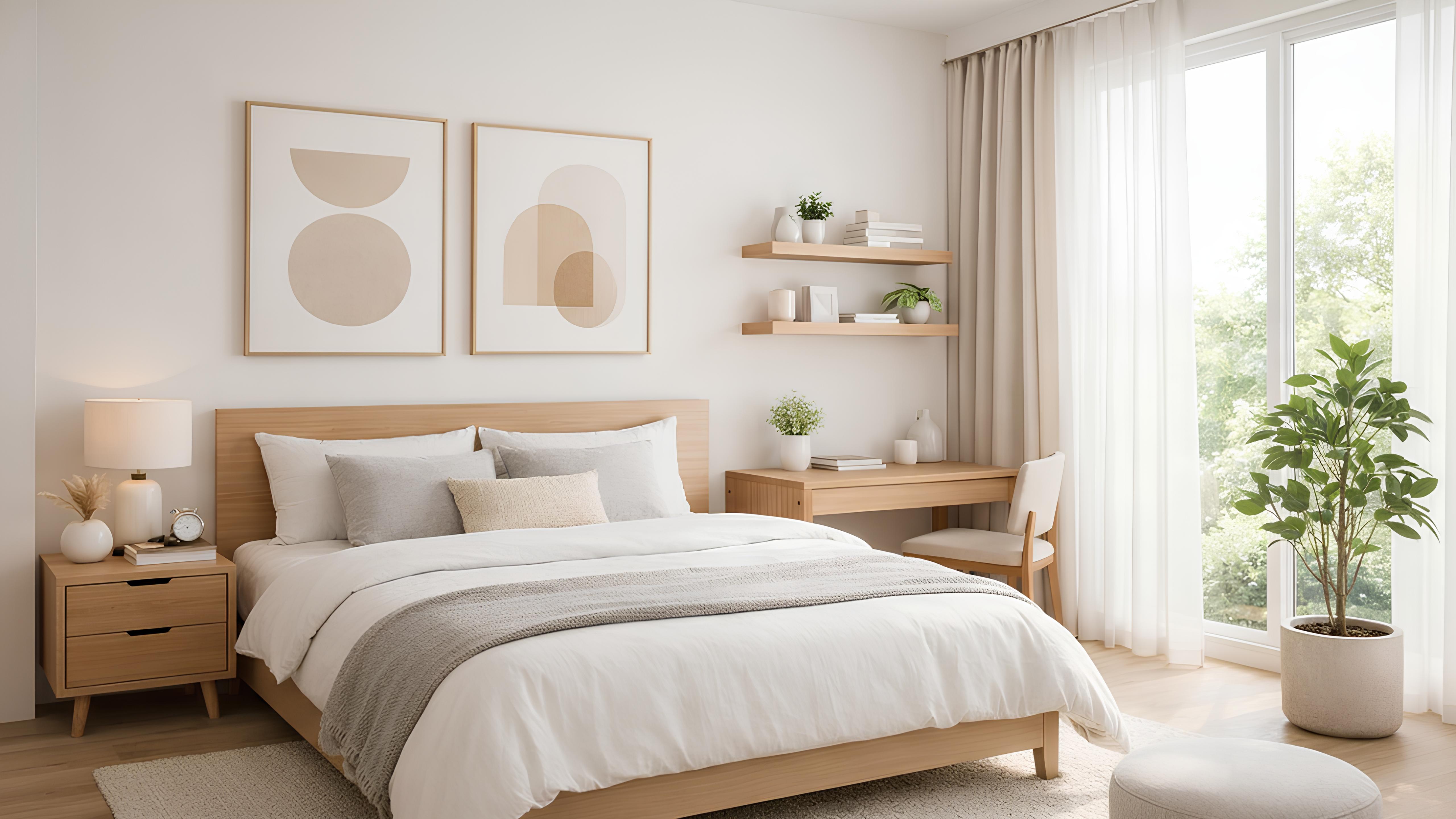 Desain kamar tidur minimalis modern dengan meja kerja untuk ruang terbatas.