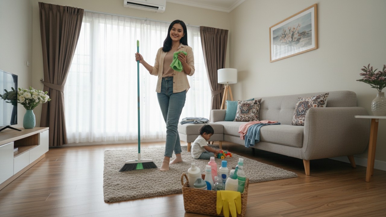 Ilustrasi aktivitas membersihkan rumah dengan alat kebersihan lengkap dan ruangan tertata rapi sebagai langkah awal bebersih efisien.