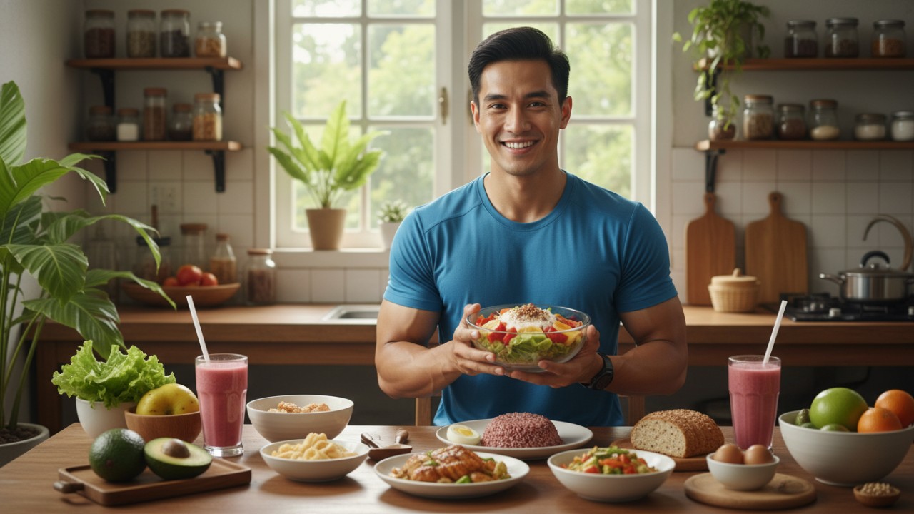 Ilustrasi pola makan seimbang dan aktivitas fisik yang mendukung proses menaikkan berat badan secara sehat.