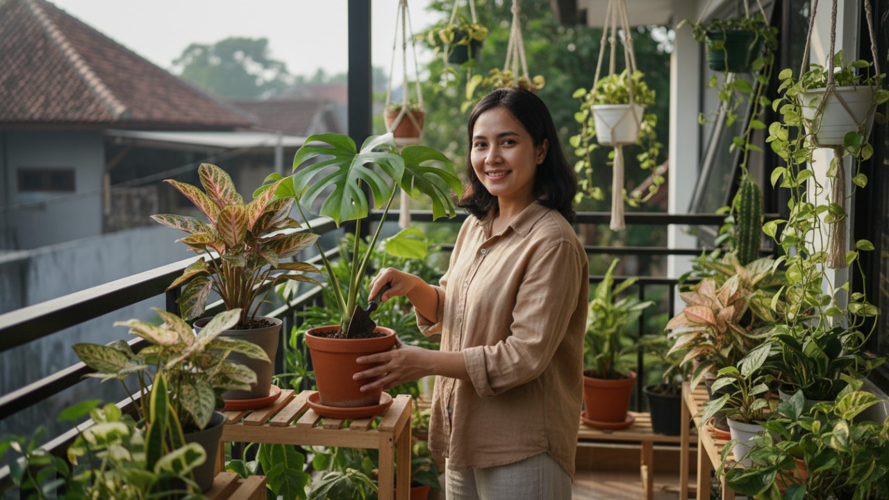 Ilustrasi tanaman rumah dengan media tanam seimbang dan pencahayaan alami yang mendukung pertumbuhan optimal.