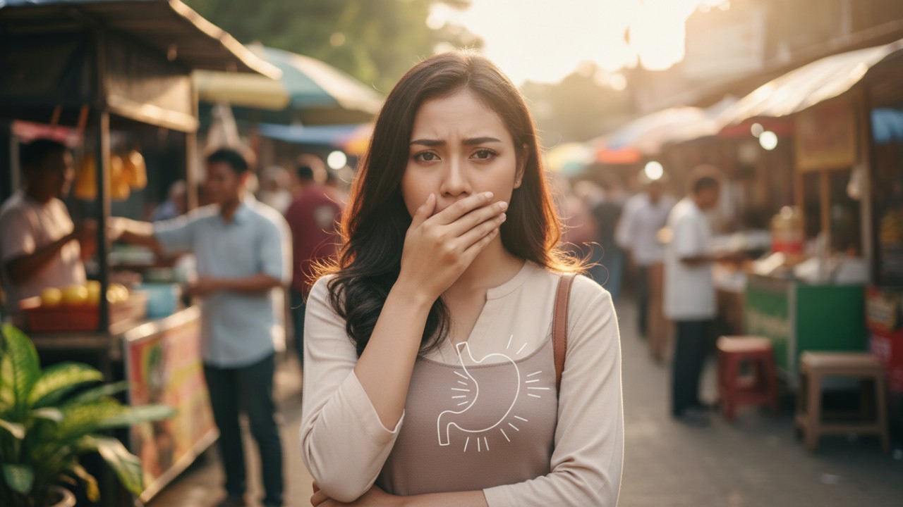 Ilustrasi orang menutup mulut dengan ekspresi tidak nyaman, menggambarkan bau mulut dari dalam perut dan kebiasaan harian.