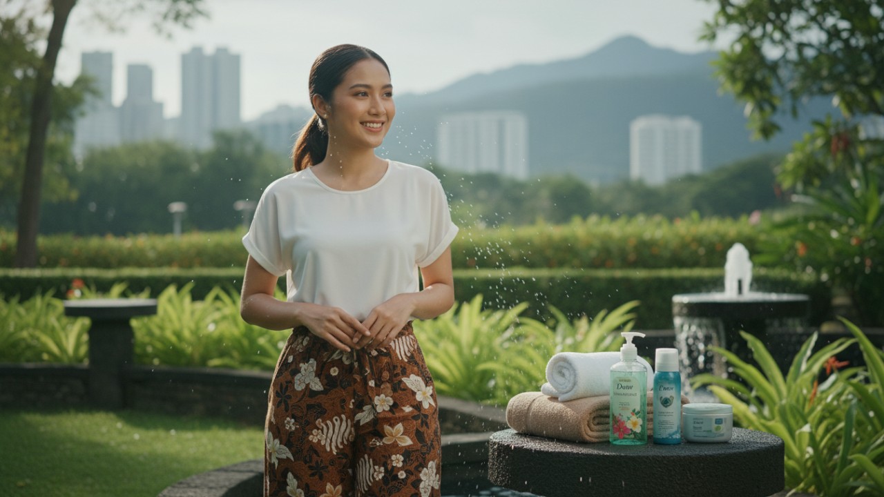 Ilustrasi perawatan tubuh harian dengan mandi bersih, antiperspiran, dan losion beraroma yang mendukung kesegaran.