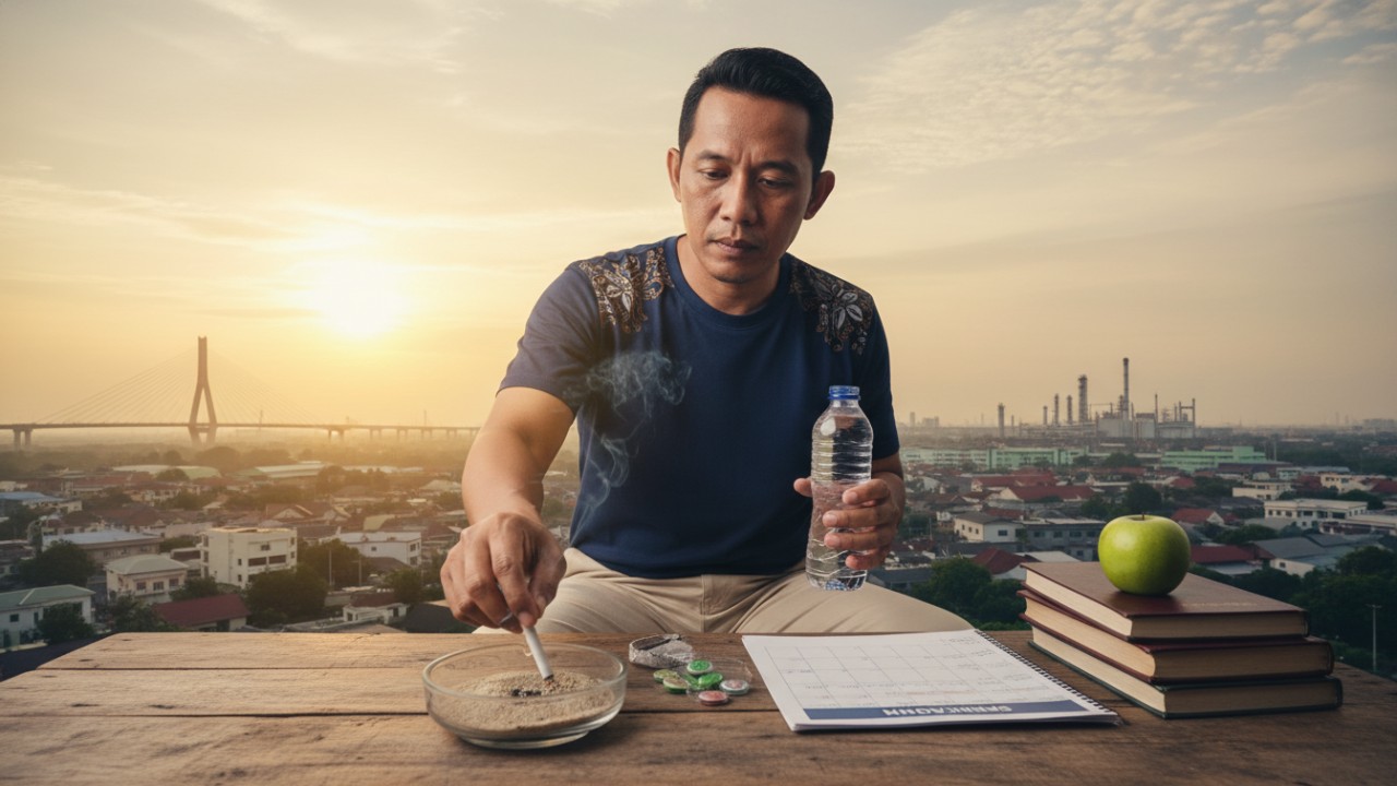 Ilustrasi orang mulai berhenti merokok dengan gaya hidup sehat, simbol langkah baru menuju hidup lebih berkualitas.