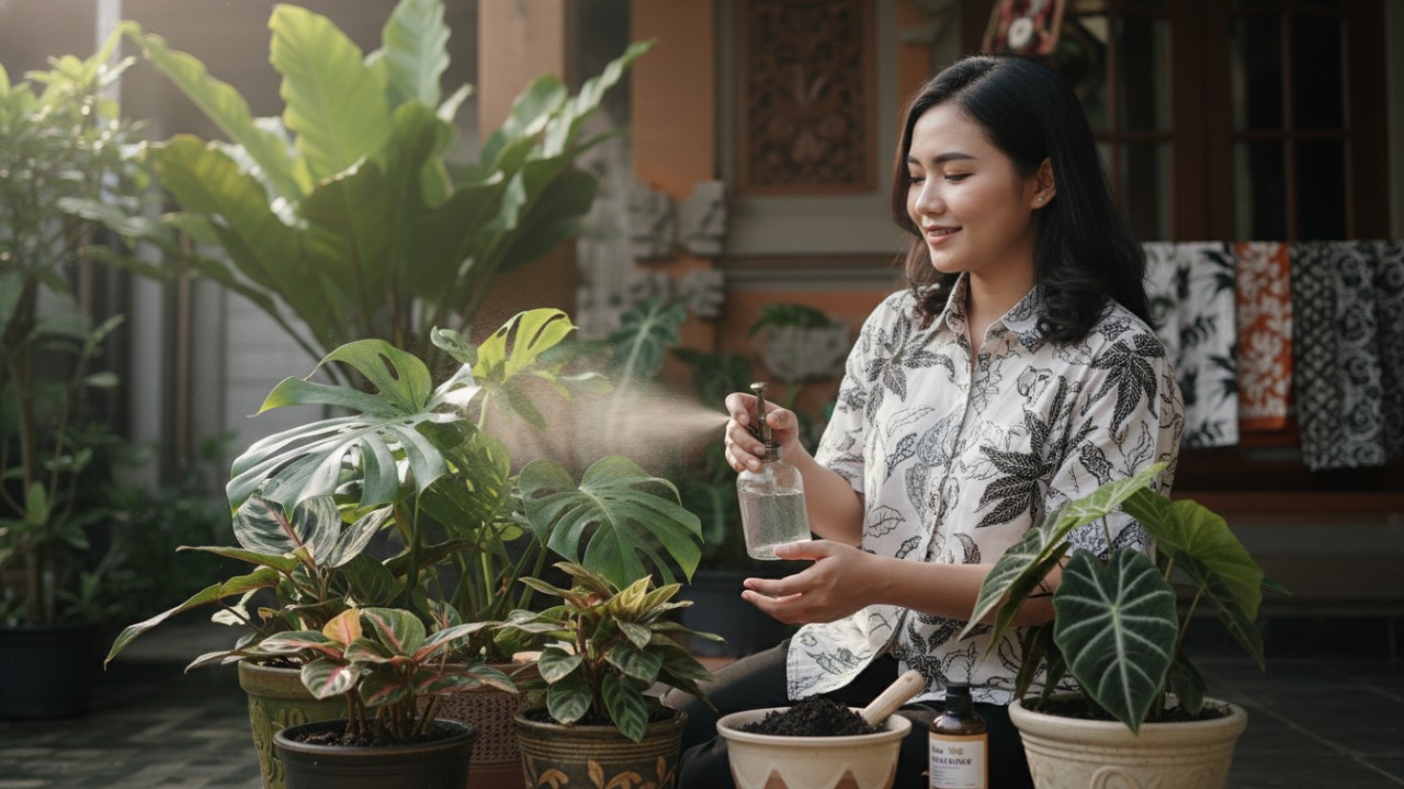 Ilustrasi perawatan tanaman hias di rumah dengan media tanam, penyiraman, dan daun bersih yang segar.