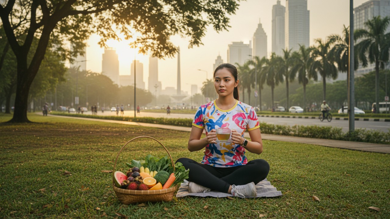 Ilustrasi piring berisi buah dan sayur segar, aktivitas olahraga ringan, serta secangkir teh hijau sebagai simbol gaya hidup sehat.