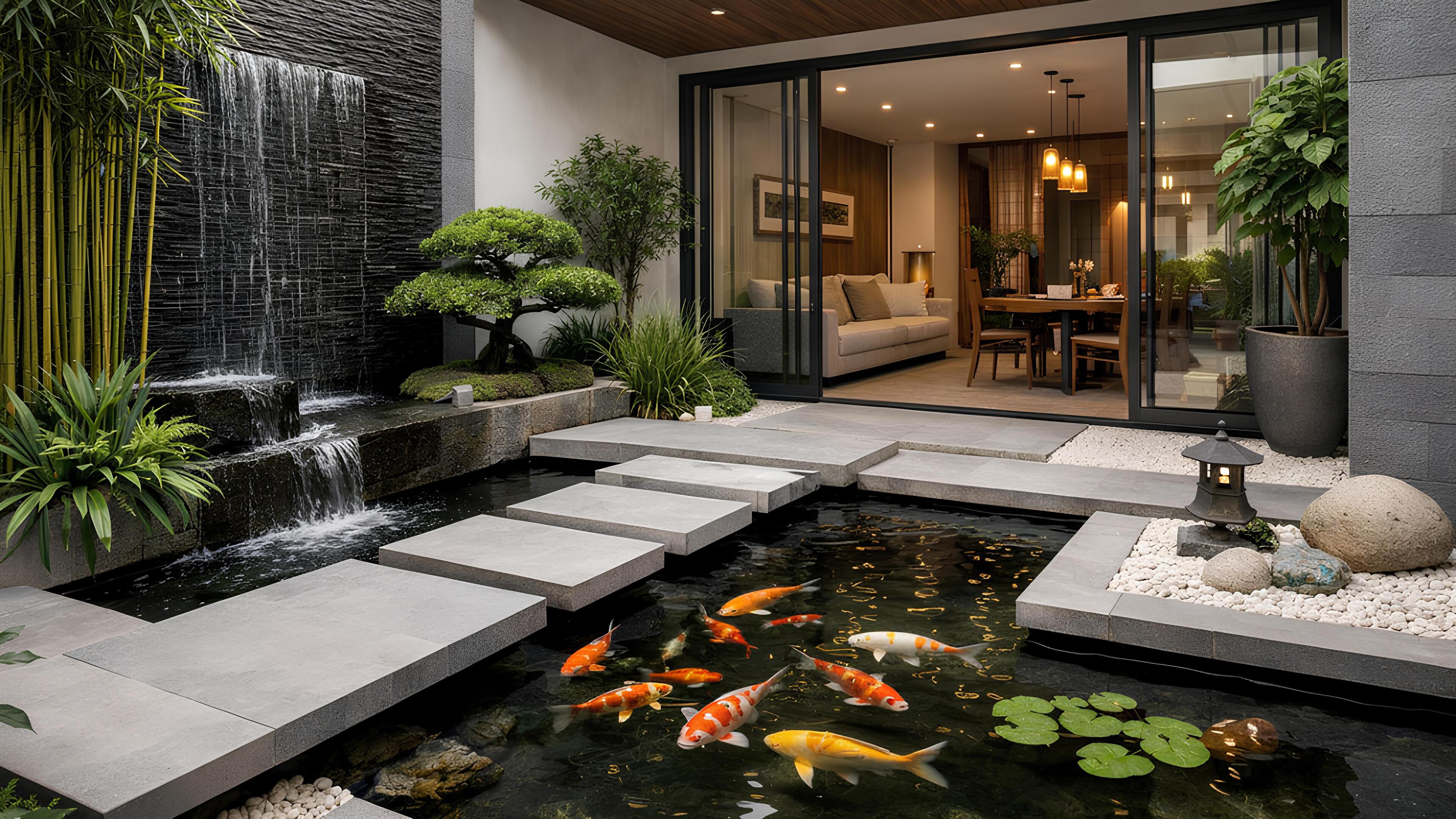 Kolam ikan minimalis feng shui dengan desain sederhana dan estetik yang menyatu dengan rumah urban modern.