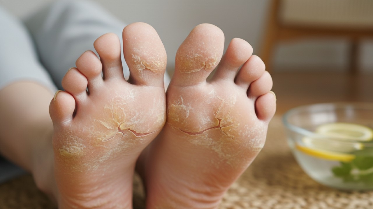 Ilustrasi perawatan tumit pecah-pecah dengan pelembap dan kaos kaki untuk hasil kulit kaki lebih halus.
