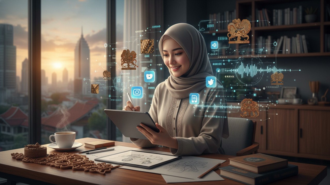 Ilustrasi proses kreatif pembuatan konten digital dengan visual dan ide yang terstruktur.