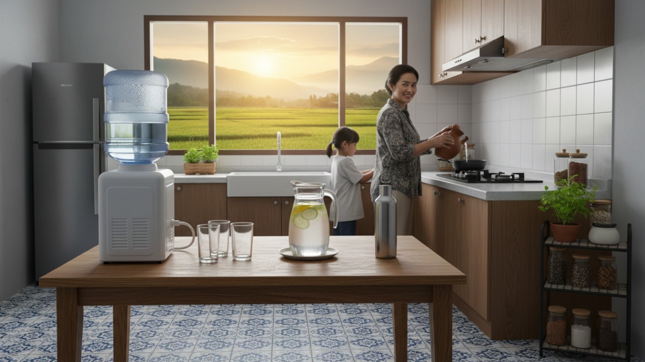 Ilustrasi proses memasak dan penyaringan air sebagai langkah menjaga air minum aman dan layak konsumsi.
