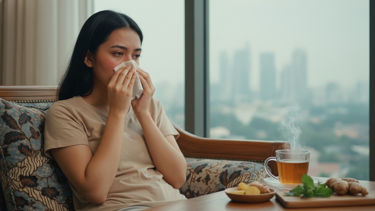 Ilustrasi perawatan hidung tersumbat dengan uap hangat dan air garam, solusi sederhana untuk napas lebih lega.