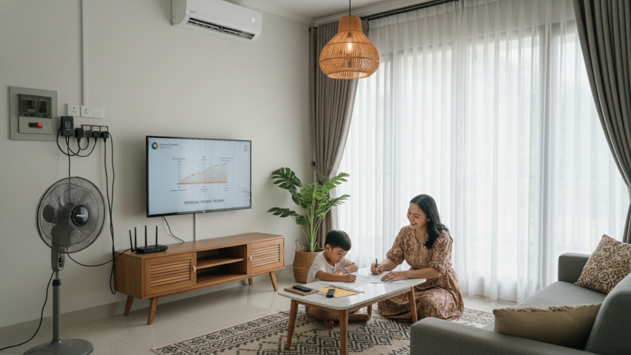 Ilustrasi rumah tangga mengatur perabot elektronik dan pendingin ruangan sesuai kebutuhan listrik rumah.