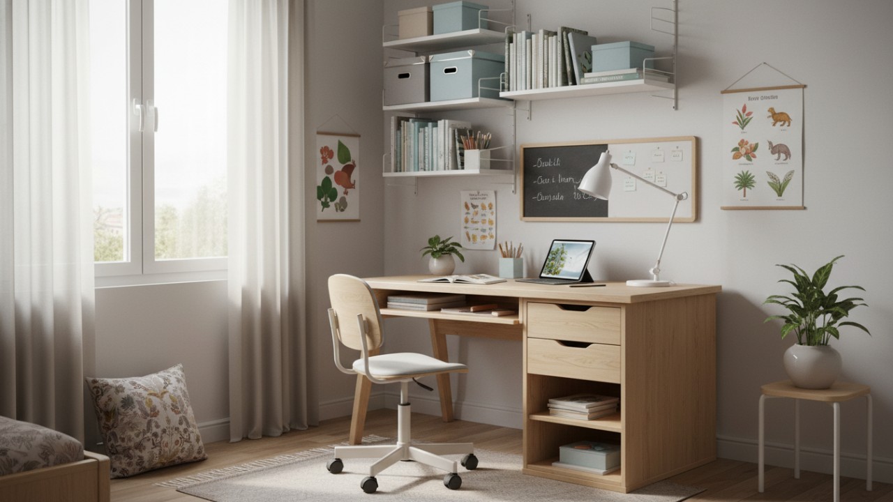 Ilustrasi ruang belajar minimalis ala IKEA di kamar anak yang rapi, terang, dan fungsional.