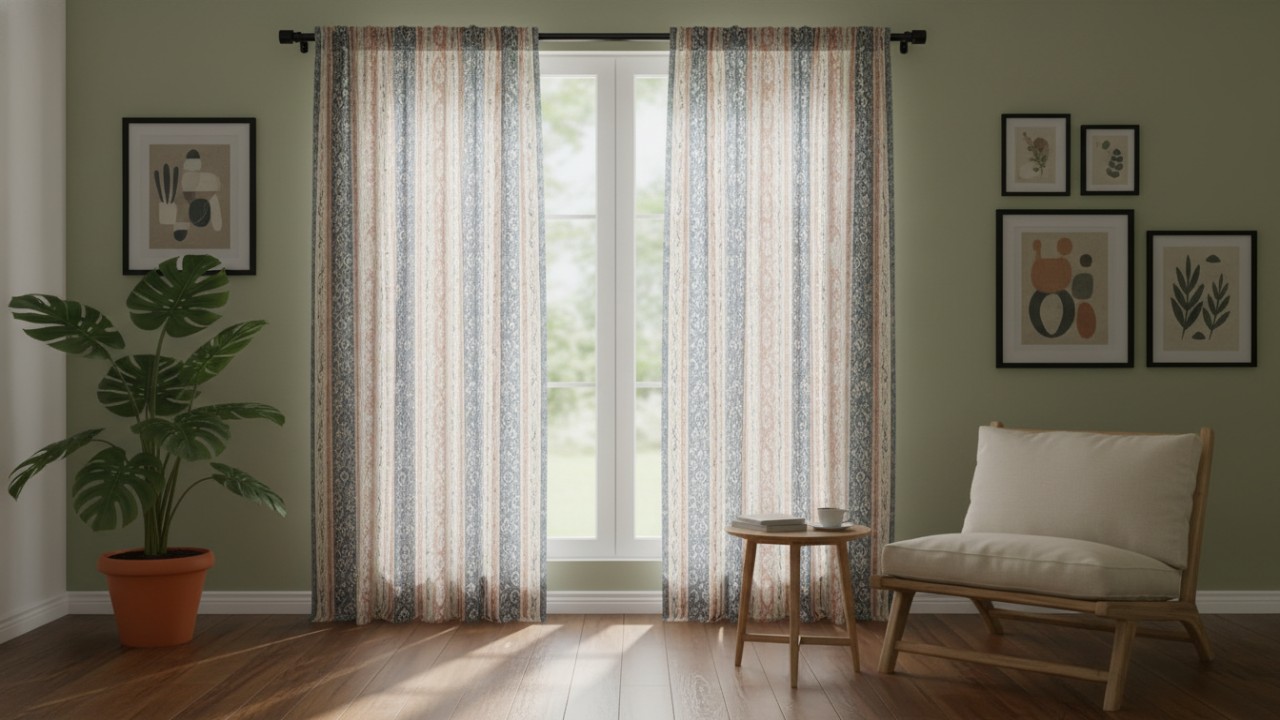 Gorden jendela minimalis dengan warna netral dan motif lembut yang membuat ruangan terasa cerah dan nyaman.
