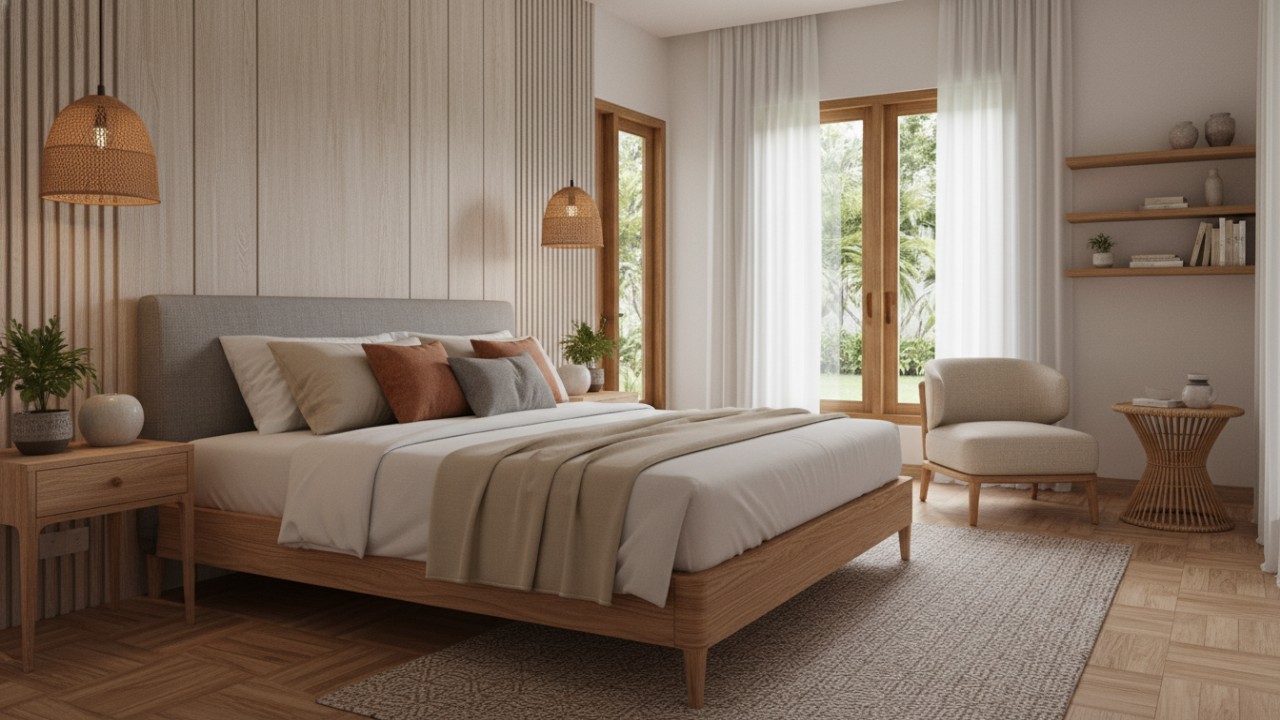 Ilustrasi kamar tidur minimalis elegan dengan nuansa putih dan sentuhan natural yang memberi kesan tenang.