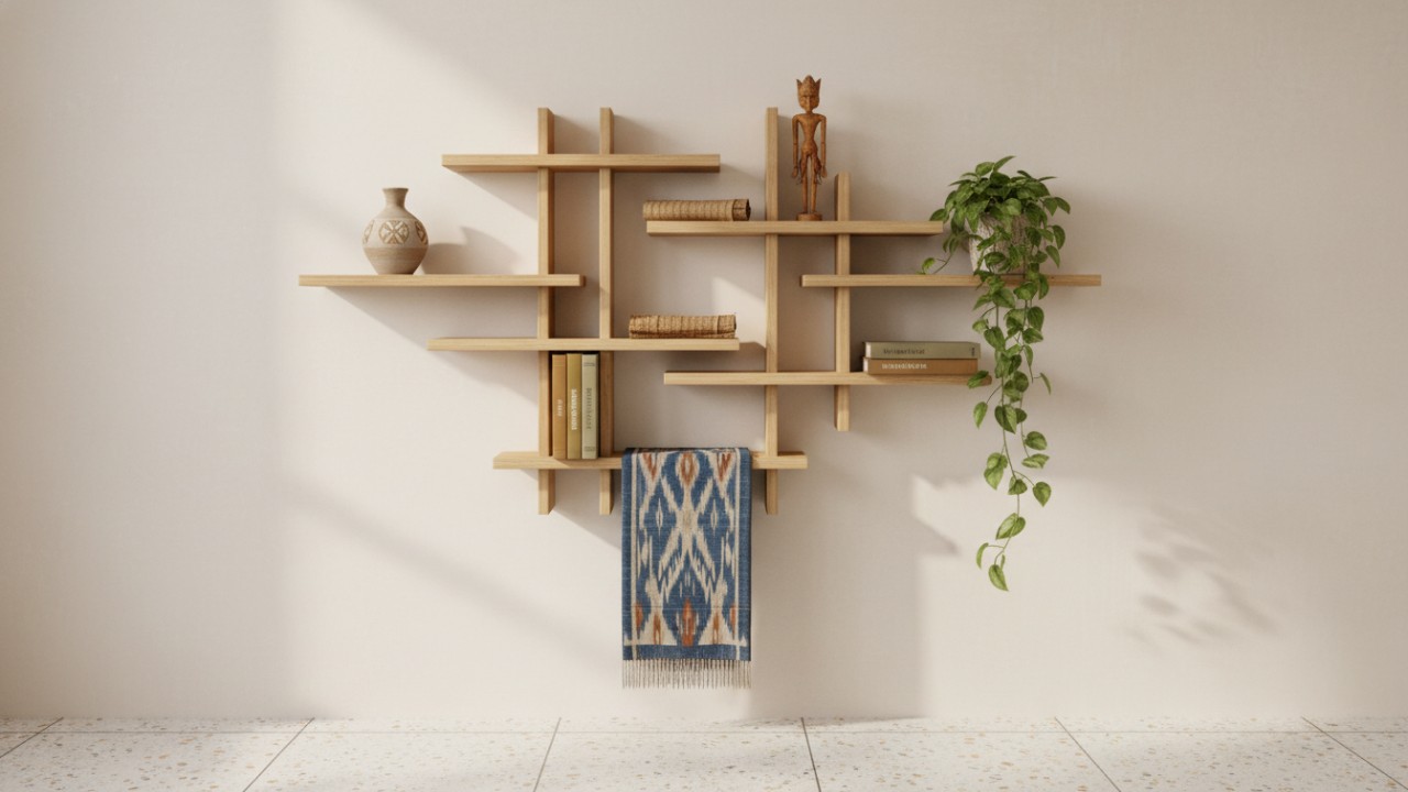 Rak gantung minimalis di kamar tidur dengan dekorasi sederhana yang membuat ruang terlihat rapi dan lapang.