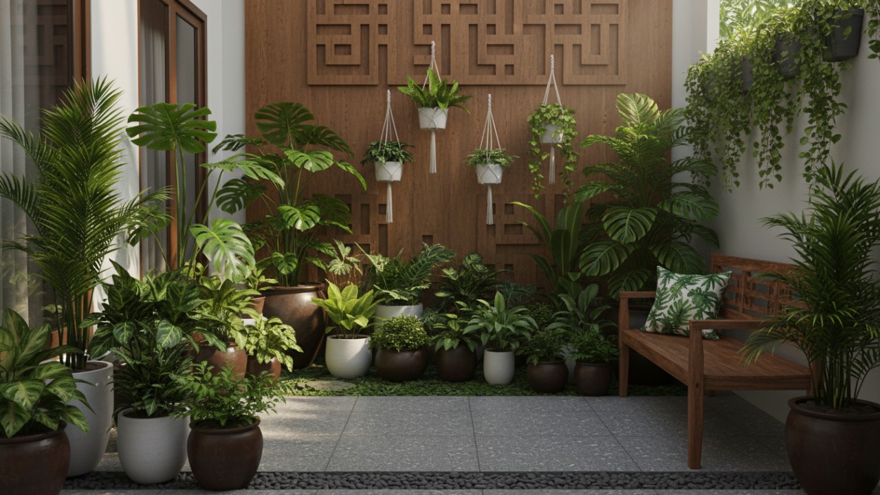 Tampilan kebun minimalis dengan tanaman hijau dan batu alam yang membuat rumah terasa lebih segar.